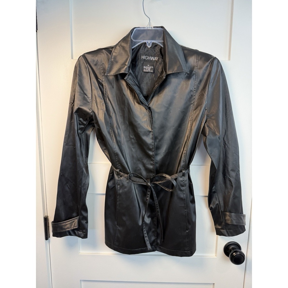 Highway Black‎ Women's M Jacket Coat Raincoat Tie Waist Lightweight Shiny Collar